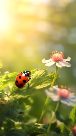 Generative AI : Birch branches with green young juicy foliage and ladybug in sunlight with soft focus outdoors in nature in spring Gentle fresh spring background with beautiful bluの素材