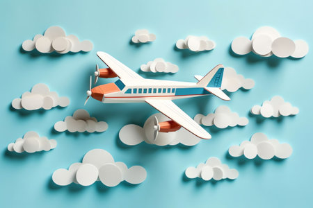 Generative AI : Image of airplane hovering in clouds from feathers of white bird with a shadow and inscription Follow your dream on blue background Concept of dream of inspirationの素材