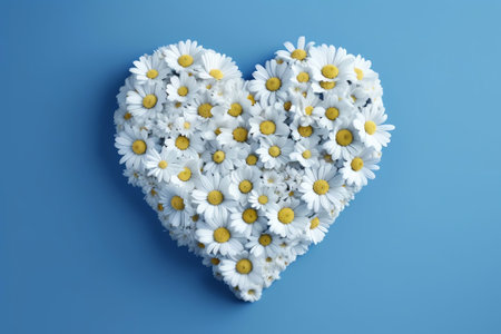 Generative AI : Creative floral summer composition Wreath frame in form of heart made of yellow and white dandelions flowers on blue wooden background closeup top view Flat lay copの素材