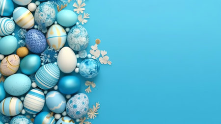Generative AI : Colorful blue white yellow easter eggs and white feathers on light blue wooden tableの素材
