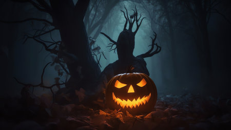 Generative AI : Festive decoration for Halloween Two glowing pumpkins and bat on background of dark night mystical forest ultra wide format Magical atmosphere with festive lightsの素材