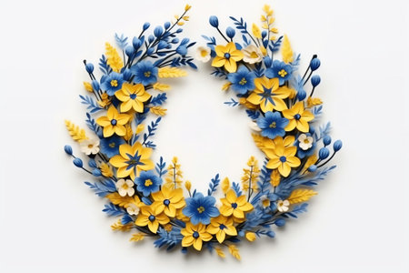 Generative AI : Creative floral composition Wreath frame made of blue yellow flowers on white wooden background top view Flat lay copy spaceの素材