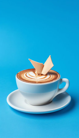 Generative AI : Cup of cappuccino coffee lily flower and inscription Good morning on blue wooden background Concept of morning top view flat layの素材