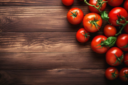 Generative AI : Creative composition of red tomatoes and pepper around a wooden boxon a wooden brown table top view flat lay in vintage colors style copy spaceの素材