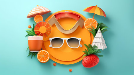 Generative AI : Orange sun in the form of a banner with the inscription Hello summer on a blue background and a sea wave with foam Concept of summer sea recreation for travel agencの素材