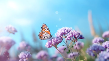 Generative AI : Floral spring natural landscape with wild pink lilac flowers on meadow and fluttering butterflies on blue sky background Dreamy gentle air artistic image Soft focusの素材