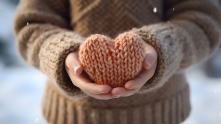 Generative AI : Christmas concept and winter background Female hands in light knitted mittens in the open palms they keep a fir cone and red berries on a white snow background copyの素材