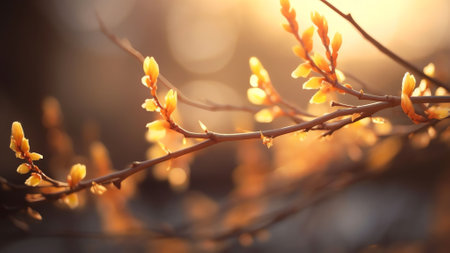 Generative AI : Flowering willow branches glow in sunlight outdoors in spring on dark background closeup macro Atmospheric artistic image with beautiful bokehの素材