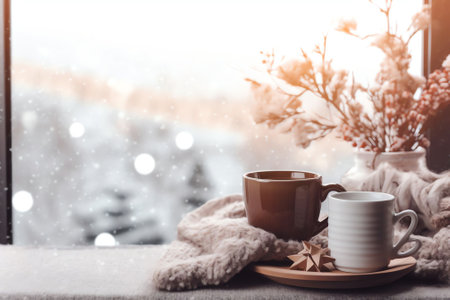 Generative AI : Christmas background A cup of tea books a candle and a knitted scarf on the window background Outside the window is winter snowfall and Christmas tree lights Cozy wの素材