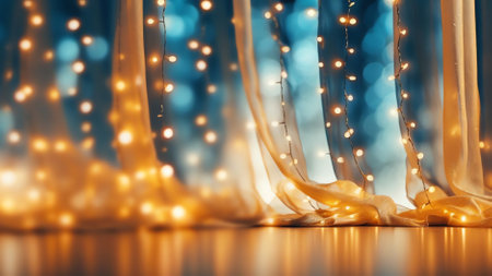 Generative AI : Festive Christmas abstract stage scene background with snow and defocused Christmas lights Blue and yellow Golden tones evening copy spaceの素材