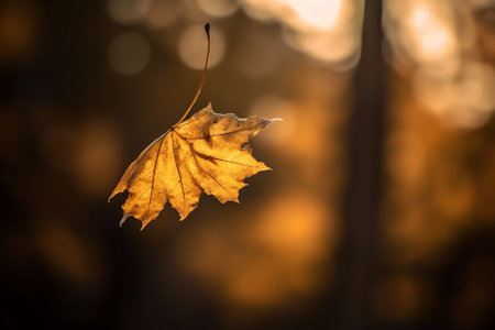 Generative AI : Golden beautiful leaf in autumn grass on nature closeup macro with soft focus and blurred backgroundの素材