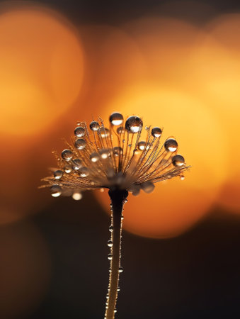 Generative AI : Seeds dandelion mirror reflection Dark background dandelions in the drops dew with a beautiful golden bokeh Water droplets sparkle on the seeds of dandelions with tの素材