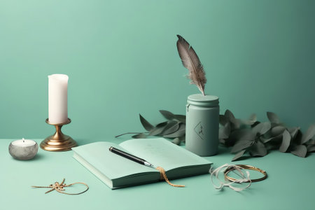 Generative AI : Set of objects on table for girl in light green colors Tea with lemon notebook headphones USB flash drive flower clothespin calculator pen Template background banneの素材