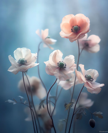 Generative AI : Floral background Spring fluffy forest primroses on a beautiful soft blue background Anemone on a beautiful blurred backgroundの素材