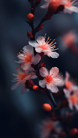 Generative AI : Blossoming apple branch closeup macro with soft focus on a dark brown background in beautiful warm vintage tones Flowering apple tree in spring with copy spaceの素材