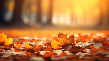Generative AI : Panoramic beautiful autumn nature background with carpet of orange and yellow fallen maple leaves in sunlight Autumn landscape with blurry defocused park in backgroの素材