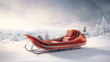 Generative AI : Festive Christmas snowy background with wooden toy sleigh with Christmas tree decor and sled tracks on snow The texture of the snow with copy spaceの素材