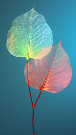Generative AI : Many transparent silhouettes of skeleton leaves on a blue and yellow background Floral pattern of beautiful leaves in nature macroの素材