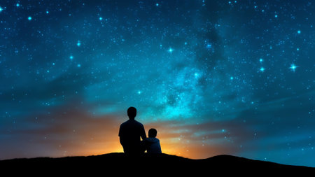 Generative AI : Pictured boy girl sitting on a big textural heart under starry sky at night on dark background Stairway stars in sky The concept for a wedding Valentines Day birthdの素材