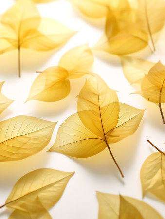 Generative AI : White transparent skeleton leaves with beautiful texture on a golden shiny abstract background blurred closeup macro Romantic gentle artistic image circular bokehの素材