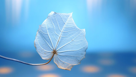 Generative AI : White transparent leafs on mirror surface with reflection on blue background macro Abstract artistic natural dreamy imageの素材