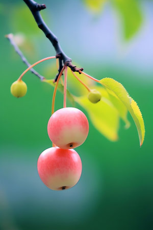 Generative AI : Two fresh juicy ripe cherries on a branch outdoors closeup macro with copy space Beautiful cherry on a light green natural summer backgroundの素材