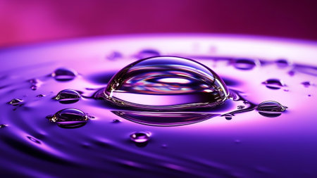 Generative AI : Large drop of liquid water dew oil rain beautiful round shape bright glare and shadow on a saturated purple lilac background closeup macro Amazing elegant colorfulの素材