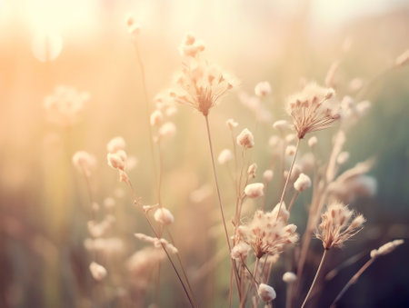 Generative AI : Wild blossoming grass in field meadow in nature on background sky with clouds defocused closeup Beautiful summer nature landscape in vintage pastel colors copy spacの素材