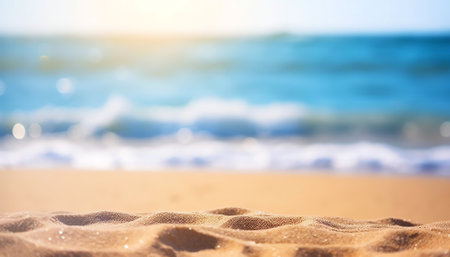 Generative AI : Summer background image of tropical beach with blurred horizon at sunset Light sand of beach against backdrop of sparkling ocean water Natural seascapeの素材