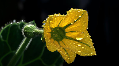 Generative AI : Young plant cucumber with yellow flowers Juicy fresh cucumber closeup macro on a background of leavesの素材