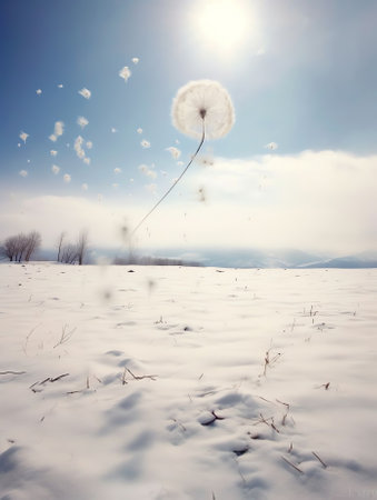 Generative AI : Winter nature landscape Thistle plant under snow caps against the blue sky with clouds in sunny weatherの素材