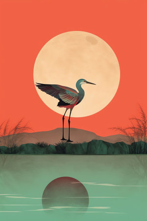 Generative AI : Silhouette of heron in nature at sunset over oceanの素材