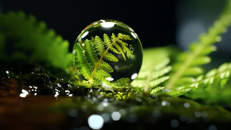 Generative AI : Young fresh fern leaf and beautiful drop of water glows and sparkles in the sun on a green background with copy space Spring bright colorful backgroundの素材