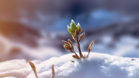 Generative AI : Winter nature landscape Thistle plant under snow caps against the blue sky with clouds in sunny weatherの素材