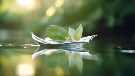 Generative AI : White transparent leaf on mirror surface with reflection on turquoise background macro Artistic image of ship in water of lake Dreamy image nature free spaceの素材