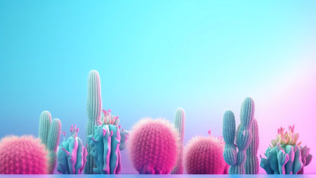 Generative AI : Tropical leaves and cactus in bright creative pink and blue colors Minimalistic background concept artの素材