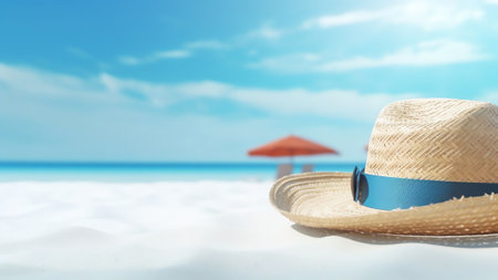 Generative AI : Hat and sunglasses lie on a white wooden lounger on a sandy beach in rays of sunlight Concept of beach vacations place template for textの素材