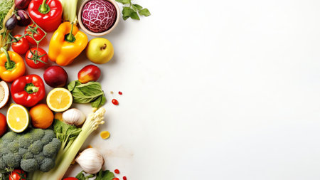 Generative AI : omposition of fresh vegetables on white wooden table Assortment of vegetables potatoes cucumbers carrots onions cabbage zucchini tomatoes beet pepper Concept of heaの素材