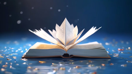 Generative AI : White paper boat floating on the waves of the book pages under beam of light on a blue background Creative idea concept for travel learning and knowledge Beautifulの素材