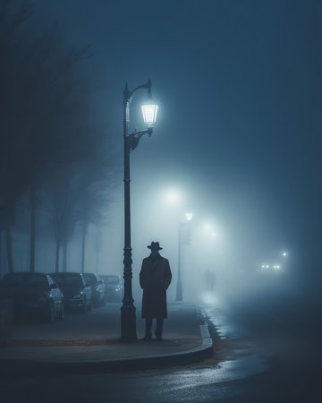 Generative AI : A lone passerby is walking along the road in the morning fog of the city The man is walking in the fog through the city Beautiful mysterious mystical artistic imageの素材