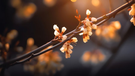 Generative AI : Beautiful blurred spring background image with branches of flowering myiosa in nature in the rays of sunlight outdoorsの素材