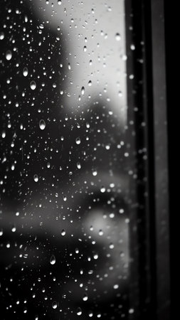 Generative AI : Abstract black and white background with shiny brilliant water drops dew or rain on the glass with round bokehの素材