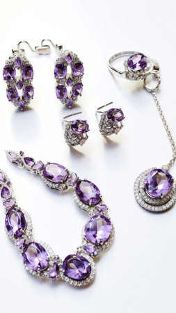Generative AI : A set of silver jewelry in a box Ring earrings and pendant in the form of a flower with purple jewels amethyst closeup macro with soft focusの素材