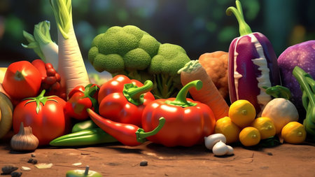 Generative AI : A set of fresh vegetables on the background of the soil closeup Pile of Vegetables on ground vegetable marrow carrots onions peppers cucumber tomato corn beets potaの素材