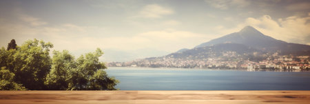 Generative AI : Beautiful morning view from observation deck on coast Turkish city Antalya Idyllic composition of wooden fence turquoise sea beach greenery parks mountains with whiの素材