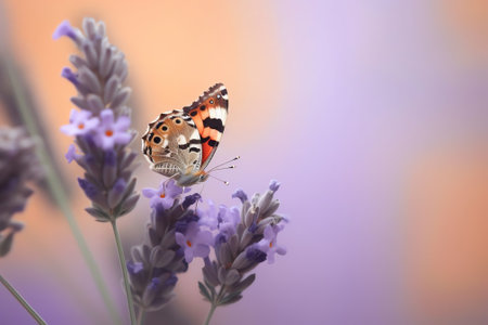 Generative AI : Delicate purple lavender flowers and butterflies closeup macro in nature on light blue and pink background Soft ficusの素材