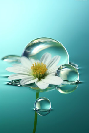 Generative AI : Drop of water on the seed of a dandelion flower on a light green and blue background closeup macro A gentle airy artistic image of natureの素材
