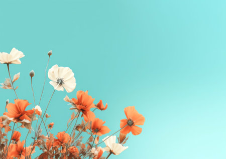 Generative AI : Blooming red poppies in a field in spring in nature on a turquoise background with soft focus macro Photo with authoring processing and toning Bright colorful artisの素材