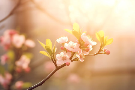 Generative AI : Beautiful blooming spring blurred nature background Branches of blossoming tree with soft focus on gentle light blue sky background and shining sun frameの素材