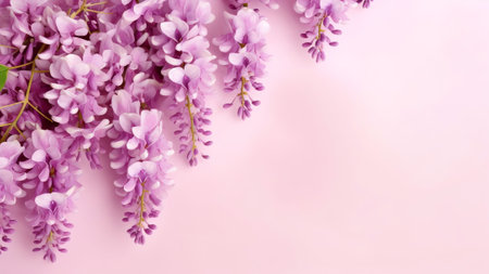 Generative AI : Beautiful purple wisteria flowers on a hedgeの素材